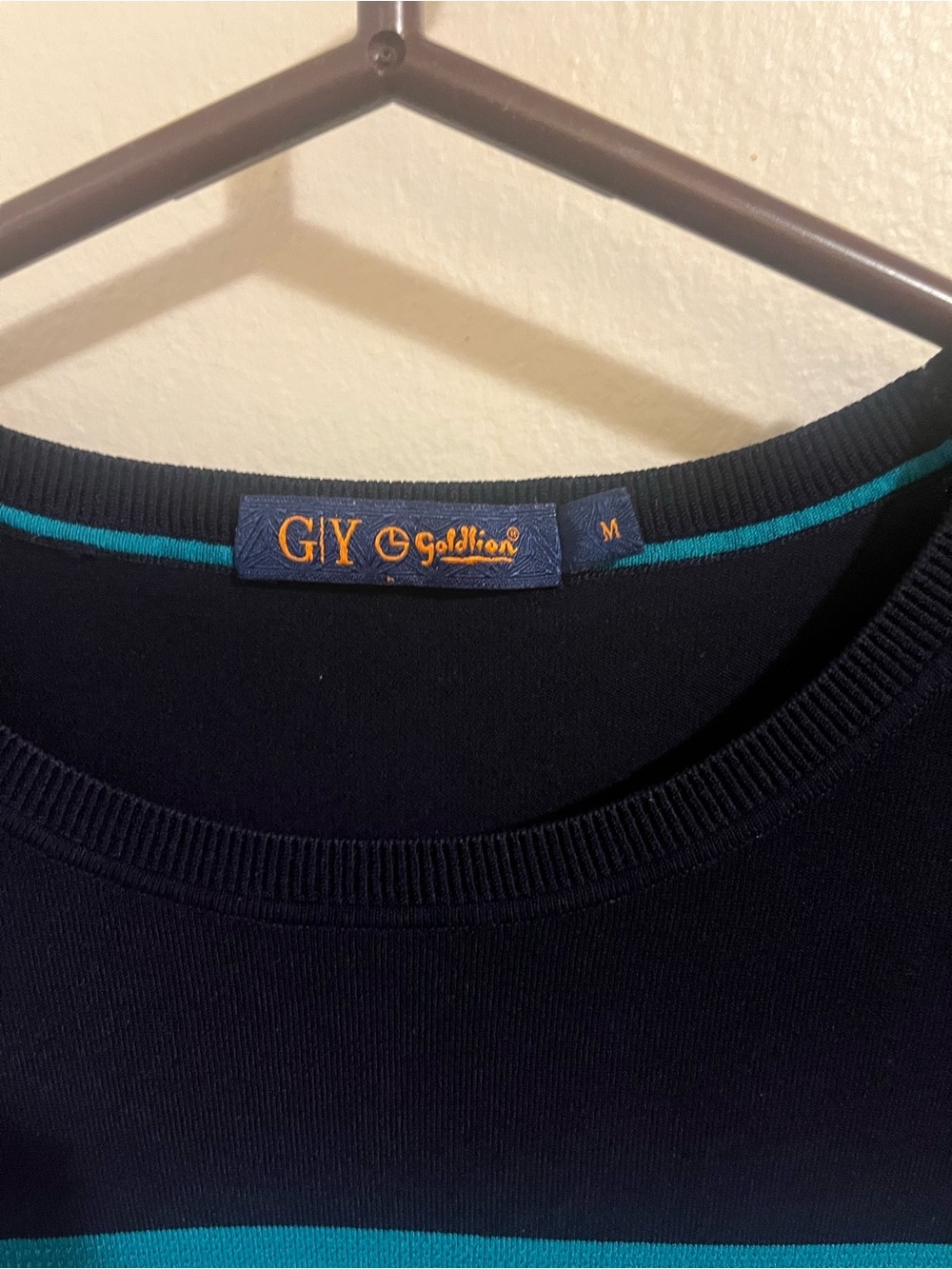 G Y Goldlion Crewneck Striped Knit Tee in Teal, Black & White - Picture 3 of 5
